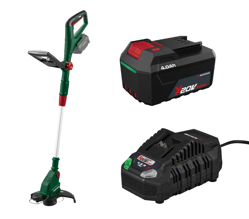 PARKSIDE® Aku strunová kosačka 20 V PRTA 20-Li D3 + Rýchlonabíjačka akumulátora 20 V/4,5 A + Akumulátor 20 V/4 Ah