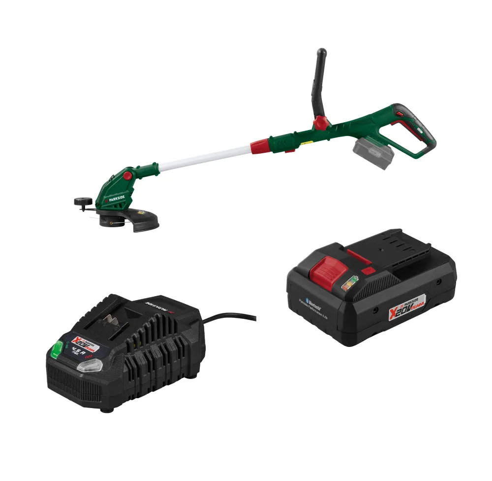 PARKSIDE® Aku strunová kosačka 20 V PRTA 20-Li D3 + Smart akumulátor 20 V/4 Ah + Rýchlonabíjačka akumulátora 20 V/4,5 A