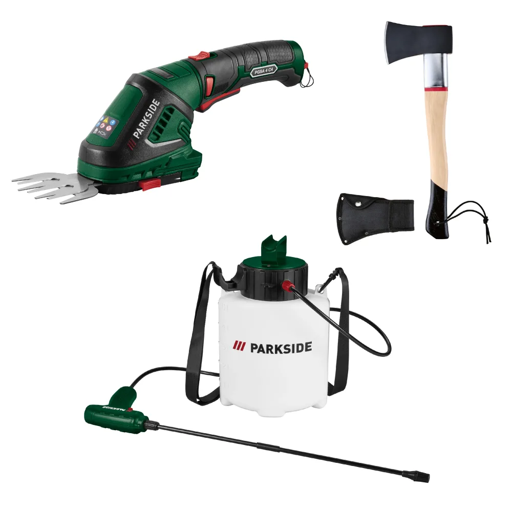 PARKSIDE® Aku tlakový postrekovač 4 V PADS 5 A1 + Aku nožnice na trávnik a živý plot PGSA 4 C4 + Štiepacia sekera