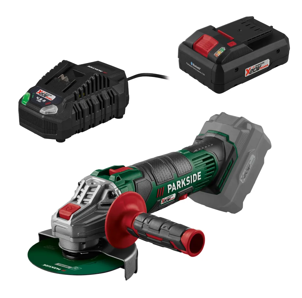 PARKSIDE® Aku uhlová brúska PWSA 20-Li G4 + Smart akumulátor 20 V/4 Ah + Rýchlonabíjačka akumulátora 20 V/4,5 A