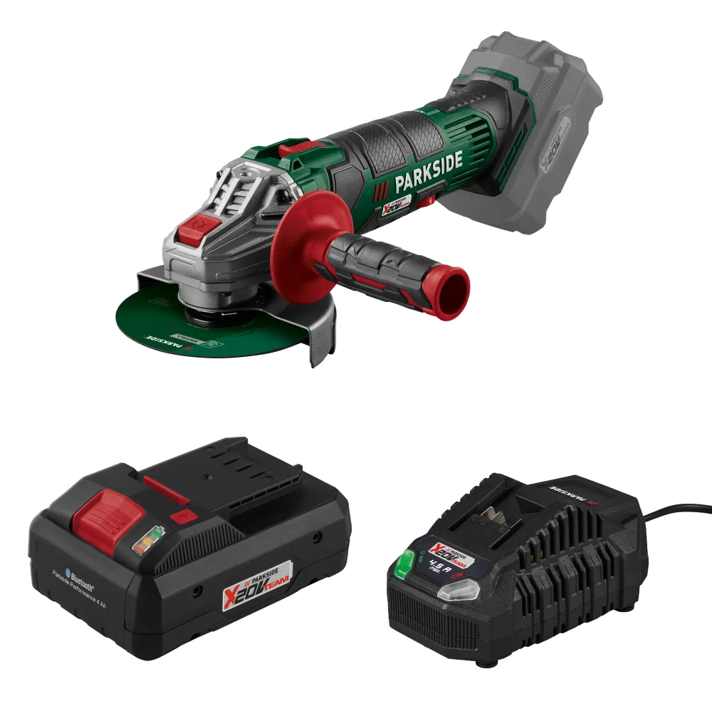 PARKSIDE® Aku uhlová brúska PWSA 20-Li G4 + Smart akumulátor 20 V/4 Ah + Rýchlonabíjačka akumulátora 20 V/4,5 A