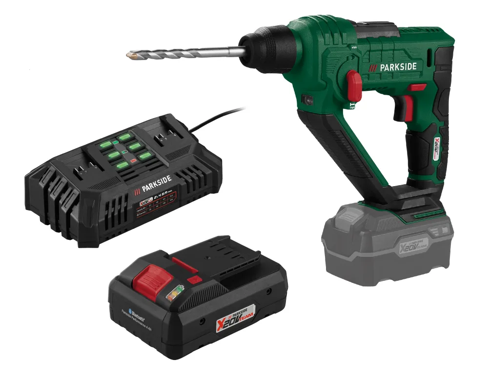 PARKSIDE® Aku vŕtacie kladivo PABH 20-Li D4 + Smart akumulátor 20 V/4 Ah + Dvojitá nabíjačka na akumulátor 20 V/2x 4,5 A