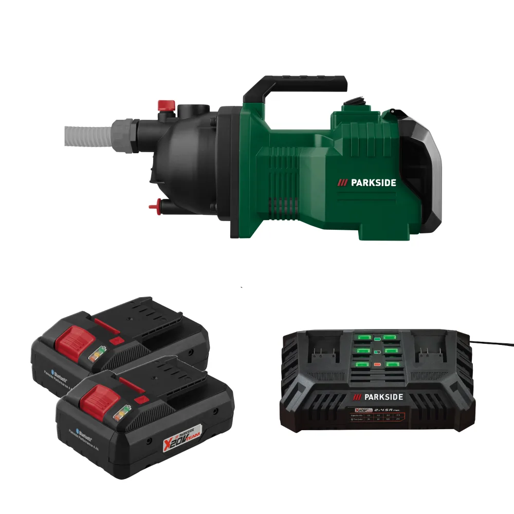 PARKSIDE® Aku záhradné čerpadlo 40 V + Smart akumulátor 20 V/4 Ah, 2 kusy + Dvojitá nabíjačka na akumulátor 20 V/4,5 A