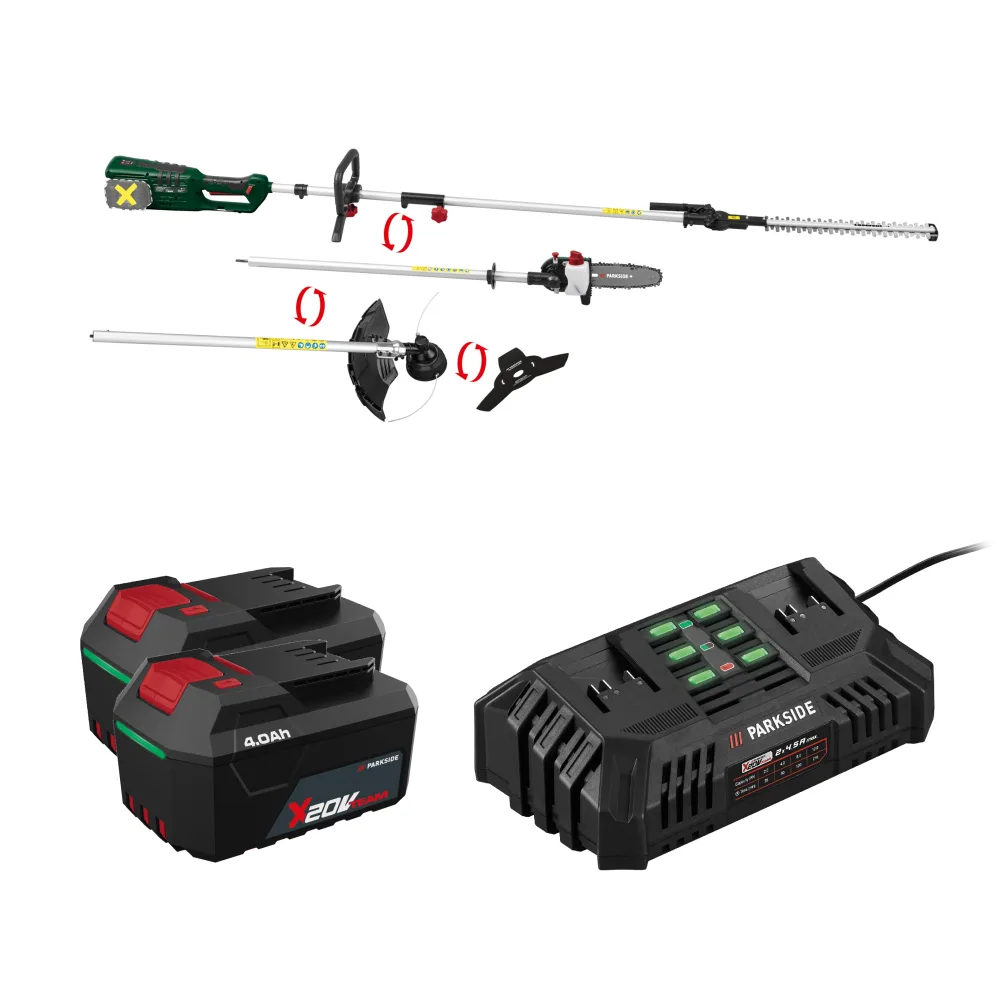 PARKSIDE® Aku záhradné kombinované náradie 40 V + Akumulátor 20 V/4 Ah, 2 kusy + Dvojitá nabíjačka na akumulátor 20 V/4,5 A