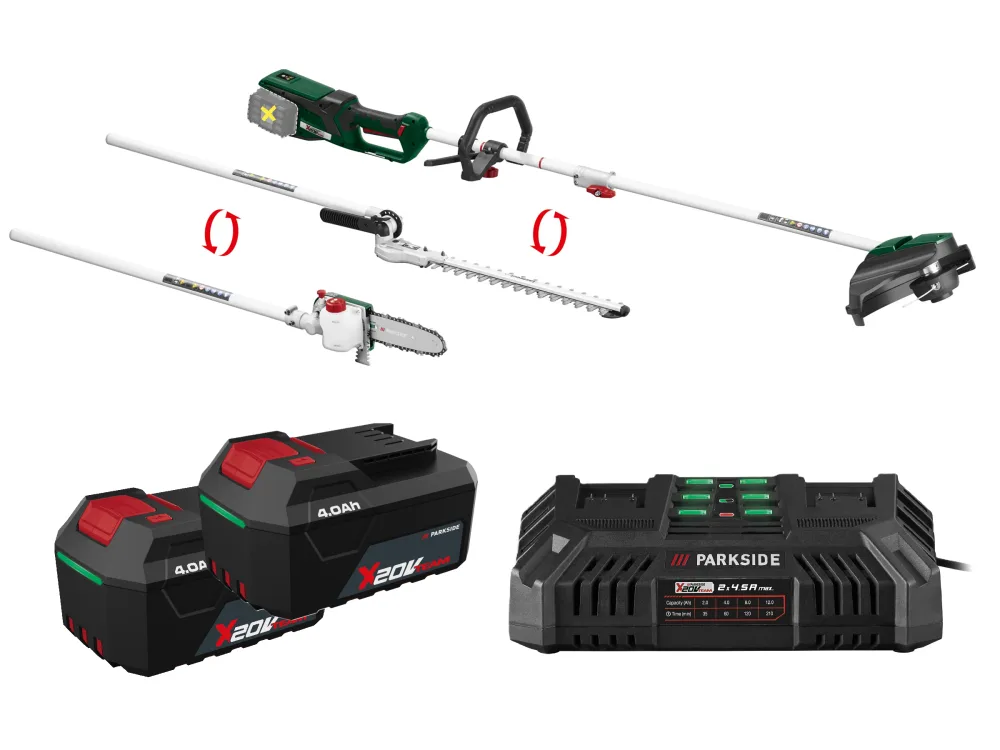 PARKSIDE® Aku záhradné kombinované náradie PGKGA 40-Li B2 + Akumulátor 20 V/4 Ah, 2 kusy + Dvojitá nabíjačka 20 V/4,5 A