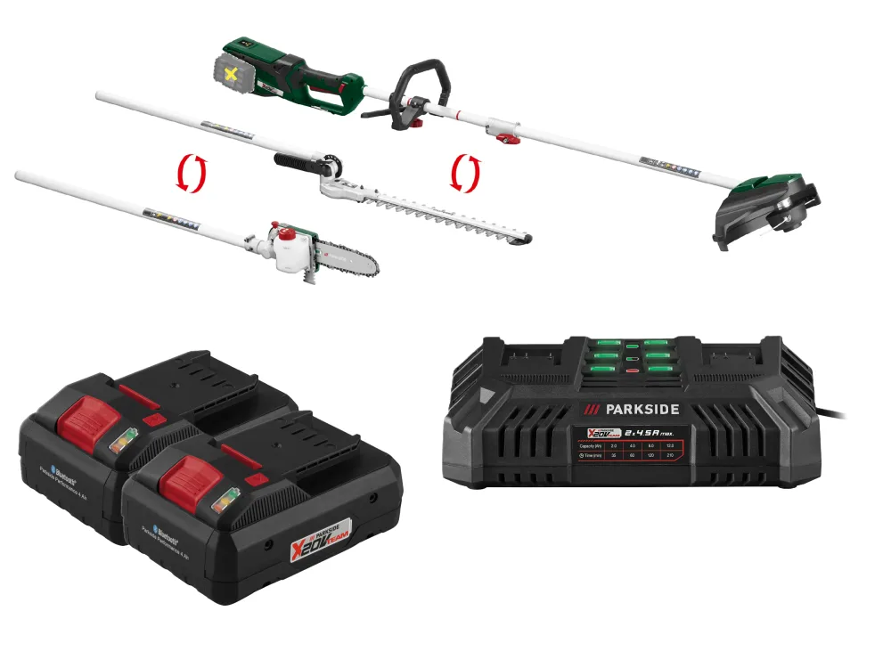 PARKSIDE® Aku záhradné kombinované náradie PGKGA 40-Li B2 + Smart akumulátor 20 V/4 Ah, 2 kusy + Dvojitá nabíjačka 20 V/4,5 A
