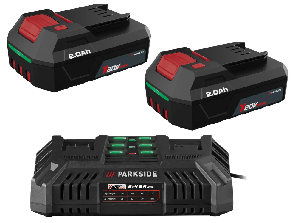 PARKSIDE® Akumulátor 20 V/2 Ah, 2 kusy + Dvojitá nabíjačka 20 V/4,5 A