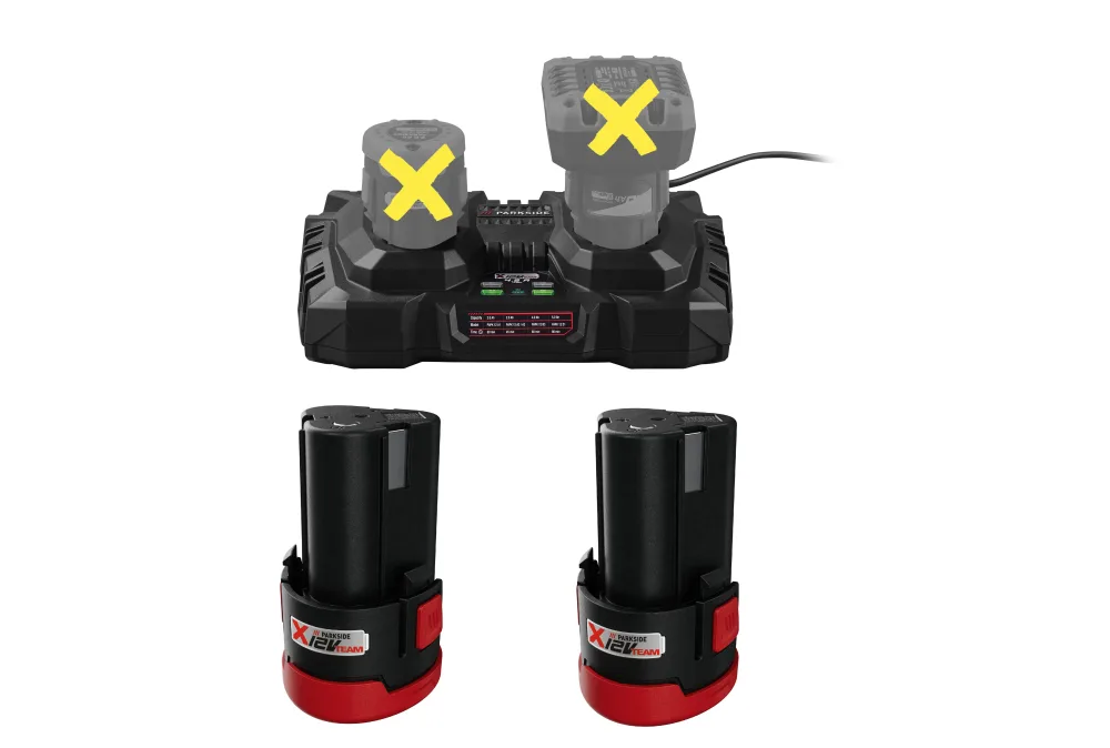 PARKSIDE® Dvojitá nabíjačka 12 V/4,5 A PDSLK 12 B2 + Akumulátor 12 V/2 Ah PAPK 12 A4, 2 kusy