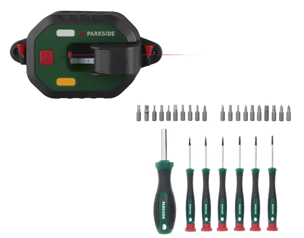 PARKSIDE® Laserová vodováha s meracím pásmom PLLM 10 A1 + Súprava skrutkovačov, 37-dielna