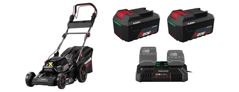 PARKSIDE PERFORMANCE® Aku kosačka na trávu PPRMA 40-Li C3 + Akumulátor 20 V/4 Ah PAP 204 A1, 2 kusy + Dvojitá nabíjačka 20 V/4,5 A