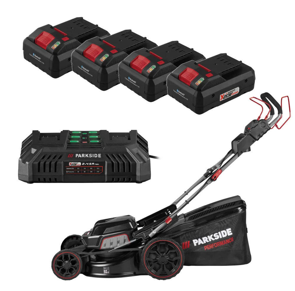 PARKSIDE PERFORMANCE® Aku kosačka na trávu PPRMA 40-Li C3 + Smart akumulátor 20 V/4 Ah, 4 kusy + Dvojitá nabíjačka na akumulátor 20 V/4,5 A
