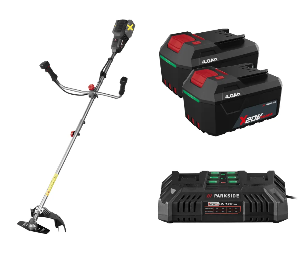 PARKSIDE PERFORMANCE® Aku krovinorez 2 v 1 40 V PPAFS 40-Li A1 + Akumulátor 20 V/4 Ah, 2 kusy + Dvojitá nabíjačka na akumulátor 20 V/4,5 A