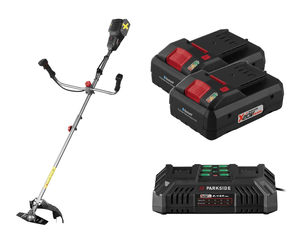 PARKSIDE PERFORMANCE® Aku krovinorez 2 v 1 PPAFS 40-Li A1 + Smart akumulátor 20 V/4 Ah, 2 kusy + Dvojitá nabíjačka na akumulátor 20 V/4,5 A