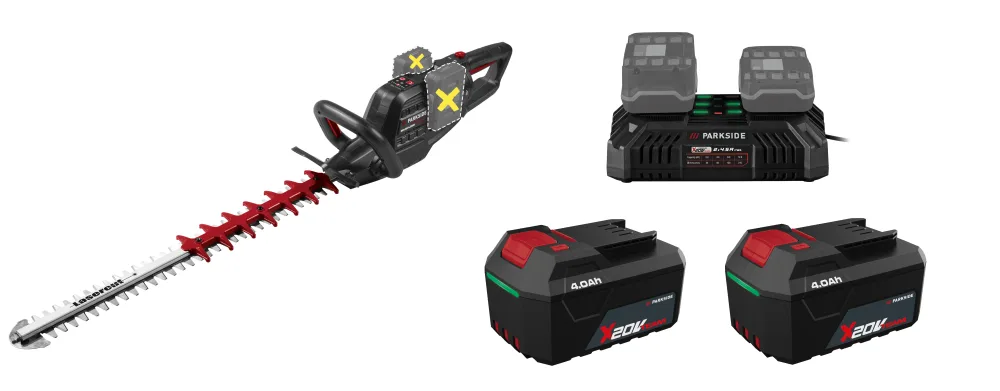 PARKSIDE PERFORMANCE® Aku nožnice na živý plot PPAHS 40 A1 + Akumulátor 20 V/4 Ah PAP 204 A1, 2 kusy + Dvojitá nabíjačka 20 V/4,5 A