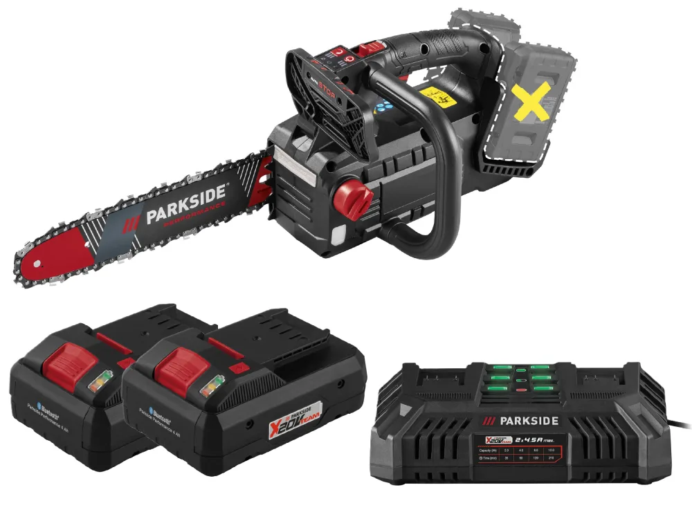 PARKSIDE PERFORMANCE® Aku prerezávacia píla 40 V PPAKS 40-Li B2 + Smart akumulátor 20 V/4 Ah, 2 kusy + Dvojitá nabíjačka 20 V/4,5 A