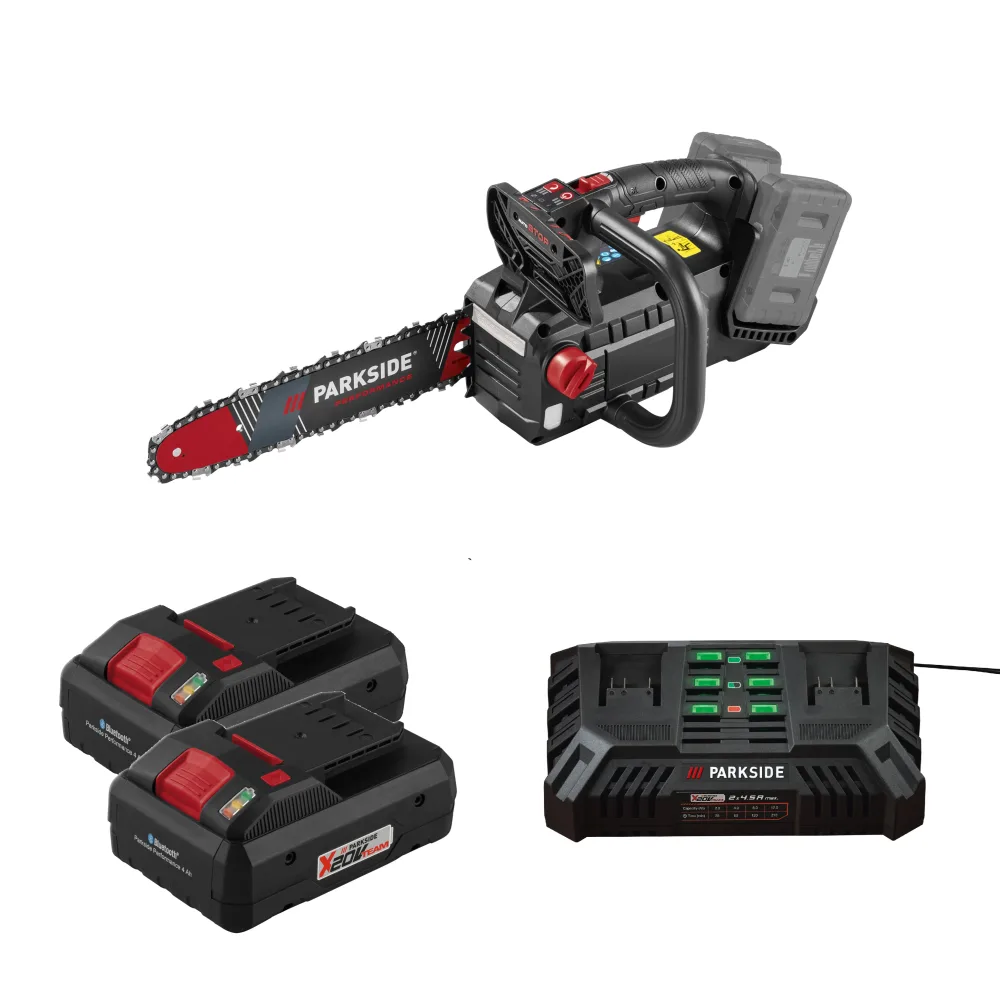 PARKSIDE PERFORMANCE® Aku prerezávacia píla 40 V + Smart akumulátor 20 V/4 Ah, 2 kusy + Dvojitá nabíjačka na akumulátor 20 V/4,5 A