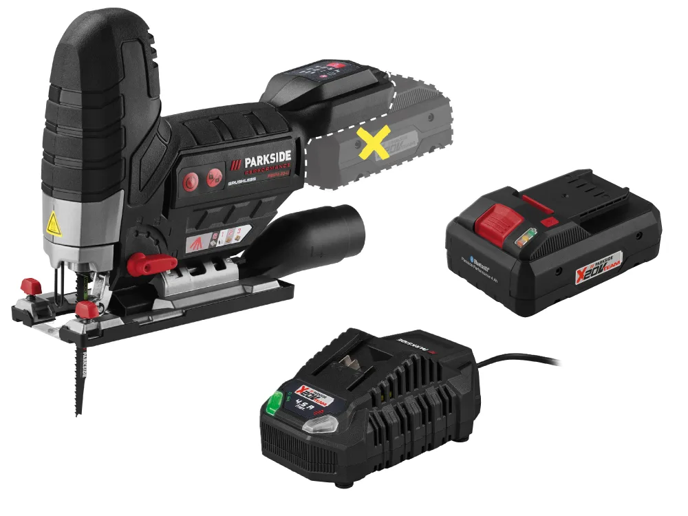 PARKSIDE PERFORMANCE® Aku priamočiara píla 20 V PSSPA 20-Li F4 + Smart akumulátor 20 V/4 Ah + Rýchlonabíjačka 20 V/4,5 A