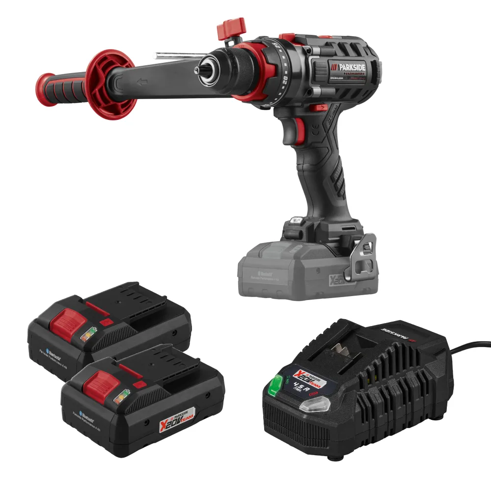 PARKSIDE PERFORMANCE® Aku príklepový vŕtací skrutkovač 20 V + Smart akumulátor 20 V/4 Ah, 2 kusy + Rýchlonabíjačka akumulátora 20 V/4,5 A