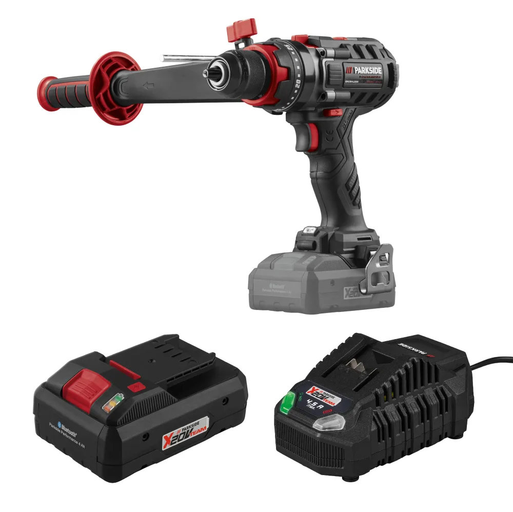 PARKSIDE PERFORMANCE® Aku príklepový vŕtací skrutkovač PPSBSA 20-Li C3 + Smart akumulátor 20 V/4 Ah + Rýchlonabíjačka akumulátora 20 V/4,5 A