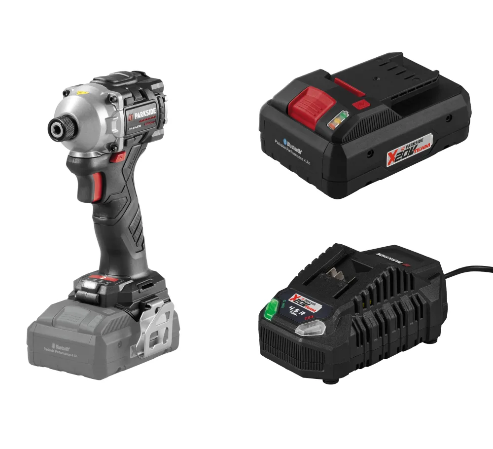 PARKSIDE PERFORMANCE® Aku rázový uťahovák PDSSAP 20-Li D3 + Smart akumulátor 20 V/4 Ah + Rýchlonabíjačka akumulátora 20 V/4,5 A