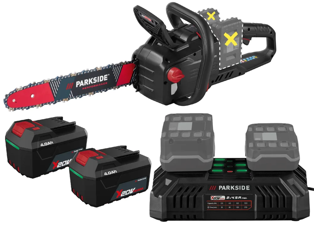 PARKSIDE PERFORMANCE® Aku reťazová píla PPKSA 40-Li C3 + Akumulátor 20 V/4 Ah, 2 kusy + Dvojitá nabíjačka 20 V/4,5 A