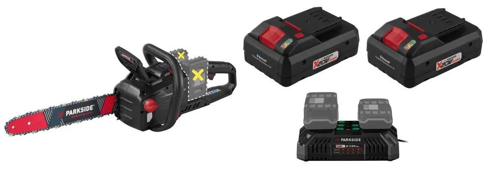 PARKSIDE PERFORMANCE® Aku reťazová píla PPKSA 40-Li C3 + Smart akumulátor 20 V/4 Ah PAPS 204 B1, 2 kusy + Dvojitá nabíjačka 20 V/4,5 A