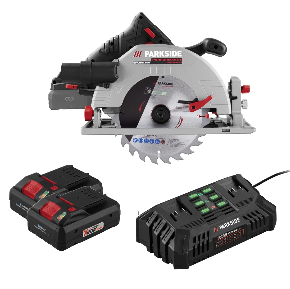 PARKSIDE PERFORMANCE® Aku ručná kotúčová píla 40 V + Smart akumulátor 20 V/4 Ah, 2 kusy + Dvojitá nabíjačka na akumulátor 20 V/4,5 A