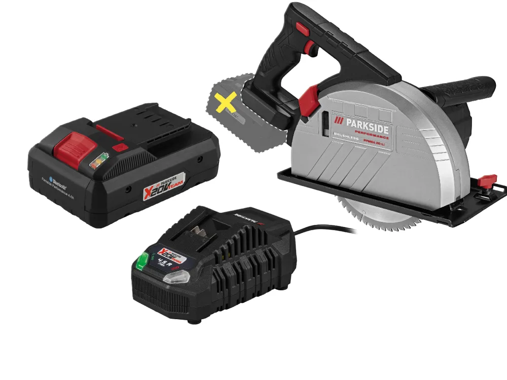 PARKSIDE PERFORMANCE® Aku ručná kotúčová píla na kov PPMSA 20-Li A1 + Smart akumulátor 20 V/4 Ah + Rýchlonabíjačka akumulátora 20 V/4,5 A