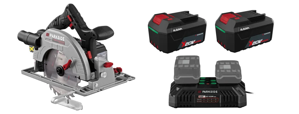 PARKSIDE PERFORMANCE® Aku ručná kotúčová píla PPHKSA 40- Li B2 + Akumulátor 20 V/4 Ah PAP 204 A1, 2 kusy + Dvojitá nabíjačka 20 V/4,5 A