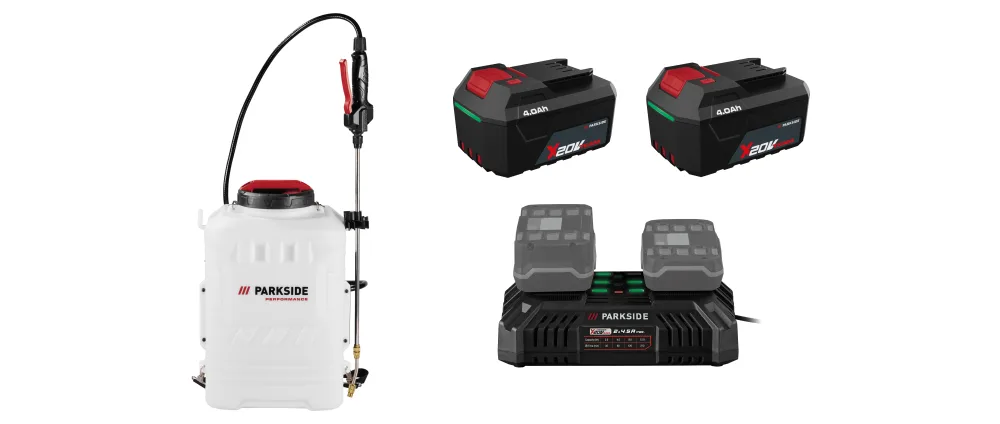 PARKSIDE PERFORMANCE® Aku tlakový postrekovač na chrbát 20 V PPARDS 16 D3 + Akumulátor 20 V/4 Ah, 2 kusy + Dvojitá nabíjačka 20 V/4,5 A