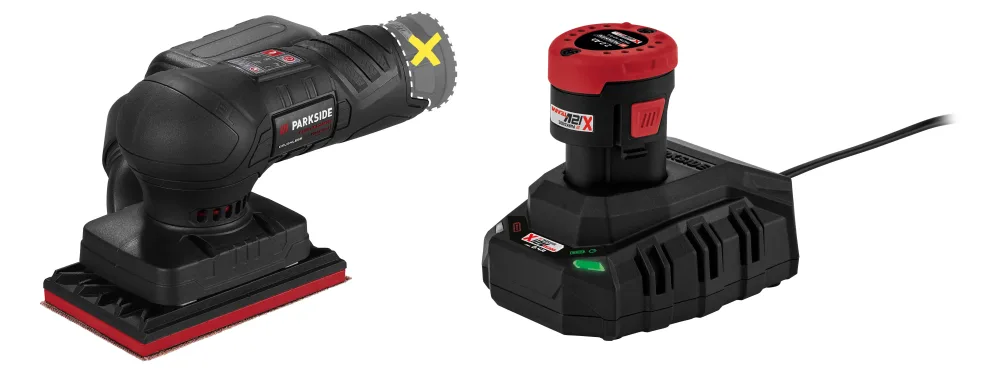 PARKSIDE PERFORMANCE® Aku vibračná brúska 12 V PASSP 12-Li A1 + Akumulátor 12 V/2 Ah PAPK 12 A4 + Nabíjačka 12 V/2,4 A PLGK 12 A3