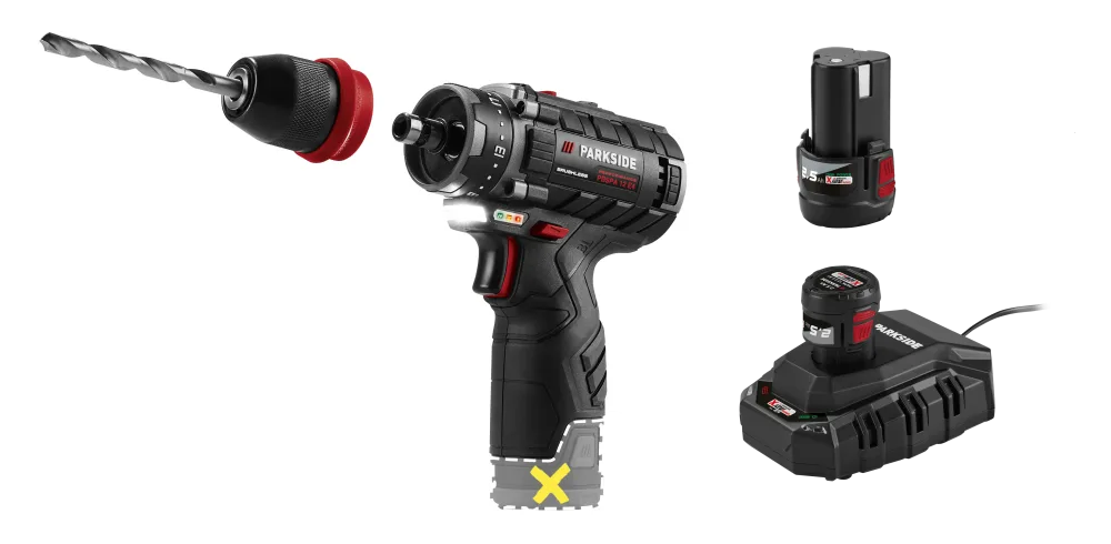 PARKSIDE PERFORMANCE® Aku vŕtací skrutkovač PBSPA 12 E4 + Akumulátor 12 V/2,5 Ah PAPK 12 2.5 B1, 2 kusy + Nabíjačka 6 A PLGK 12 6.0 B1
