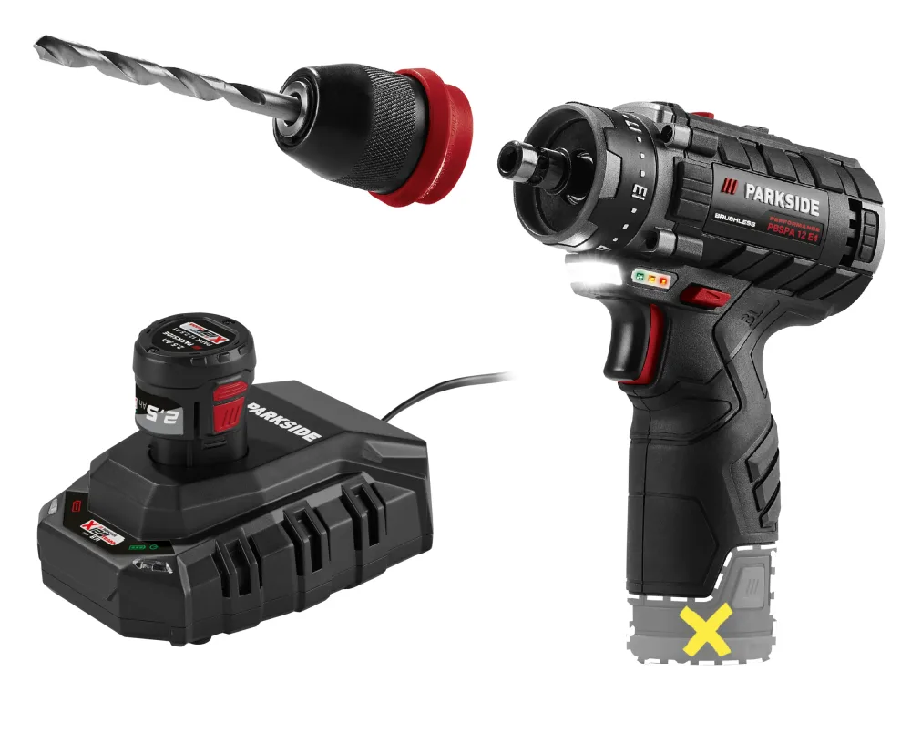 PARKSIDE PERFORMANCE® Aku vŕtací skrutkovač PBSPA 12 E4 + Akumulátor 12 V/2,5 Ah PAPK 12 2.5 B1 + Nabíjačka 6 A PLGK 12 6.0 B1