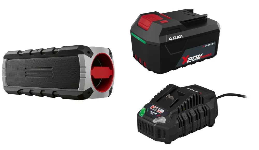 PARKSIDE PERFORMANCE® Stavebný Bluetooth® reproduktor PBL 40 A1 + Akumulátor 20 V/4 Ah PAP 204 A1 + Rýchlonabíjačka 20 V/4,5 A PLG 20 C3