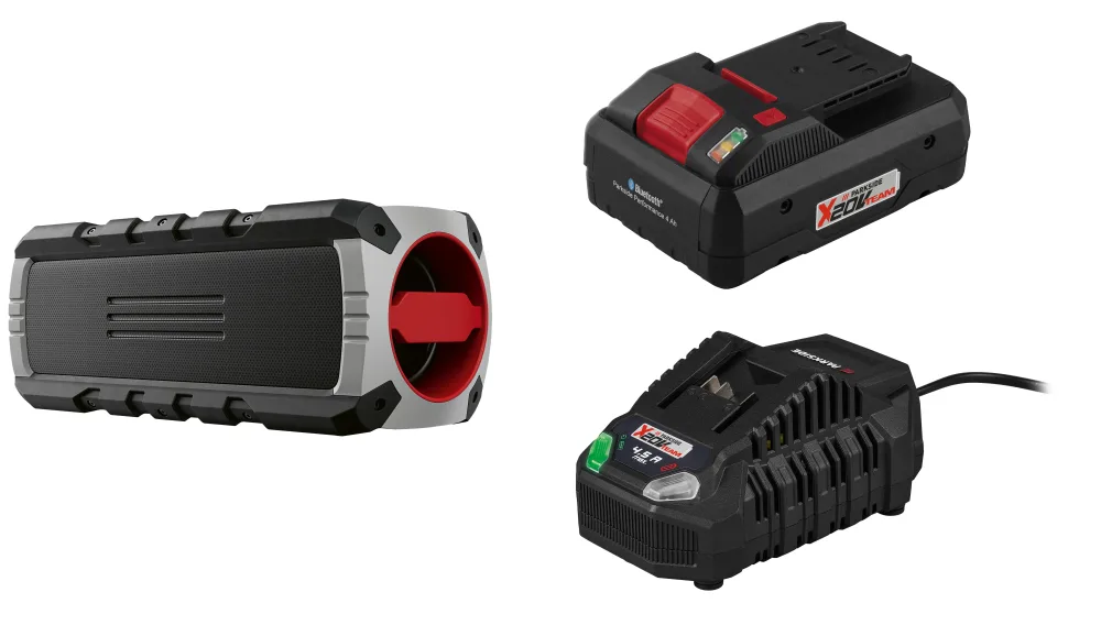 PARKSIDE PERFORMANCE® Stavebný Bluetooth® reproduktor PBL 40 A1 + Smart akumulátor 20 V/4 Ah PAPS 204 B1 + Rýchlonabíjačka 20 V/4,5 A PLG 20C3