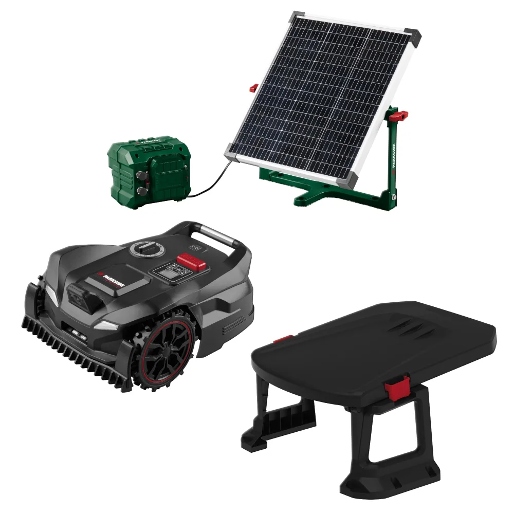 PARKSIDE® Robotická kosačka Smart & Free + Aku solárna nabíjacia stanica pre robotickú kosačku + Garáž pre robotickú kosačku