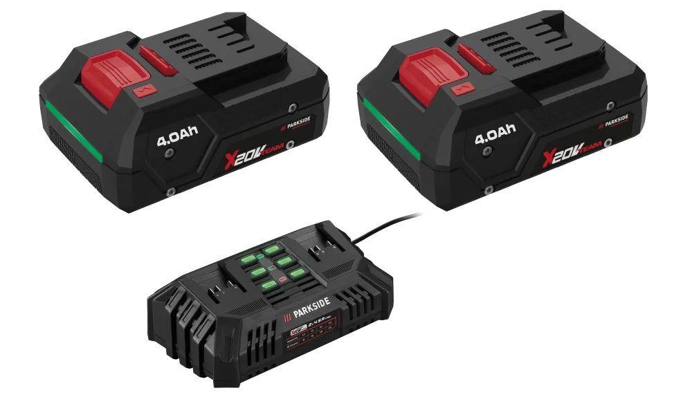 PARKSIDE® Smart akumulátor 20 V/4 Ah PAPP 204 A1, 2 kusy + Dvojitá nabíjačka na akumulátor 20 V/4,5 A PDSLG 20 B1
