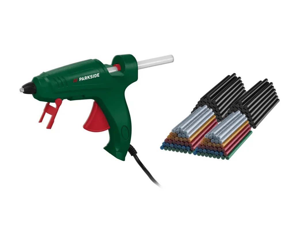 PARKSIDE® Tavná lepiaca pištoľ  + Lepiace tyčinky, trblietavé, 80 kusov + Lepiace tyčinky, čierne, 80 kusov